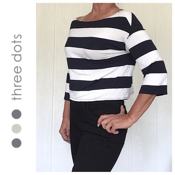 THREE DOTS NAUTICAL STRIPE WOMENS BOAT NECK THREE QUARTER SLEEVE TEE SHIRT XS - Picture 2 of 13